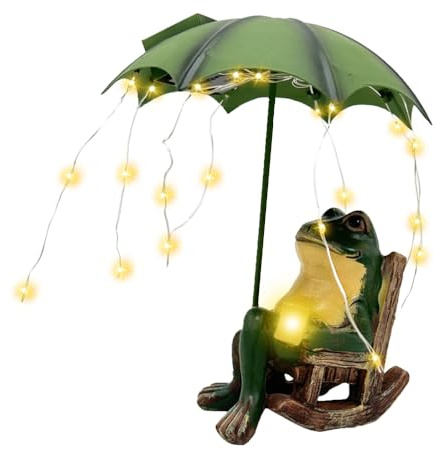 KBIBCK Deko Frosch für Draußen, Solar Frosch Gartendeko, Froschs Deko Garten mit Wasserdicht Lichterketten Regenschirm, Solar FroschStatue, IP65 wasserdichte, Ornamente für Garten Balkon Rasen Teiche