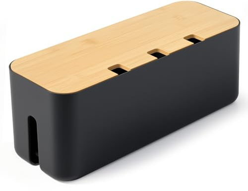 Nymblis Large Cable Tidy Box, Black Cable Organiser with Bamboo Lid | Wire Storage, Cable Management, For Hiding Power Strips and Extension Cords, For TV, Computers, For Office, Home