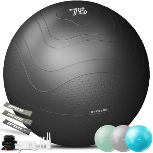 HAPBEAR Gymnastikball & Sitzball (55/65/75 cm) – Anti-Burst, rutschfest Mit Massage-Noppen, Extra Dickes PVC, Bis 200 Kg – Komplettset Mit Fußpumpe & 3 Widerstandsbändern für Fitness, Büro & Yoga