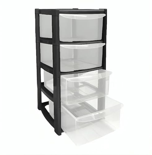 Buystarget 4 Plastic Drawers Storage Unit, 4 Tier Plastic Storage Drawers, A5 Paper Format Office Home Desktop Stationery Make Up Organiser Tidy Small Black 4 Drawer Mini Tower
