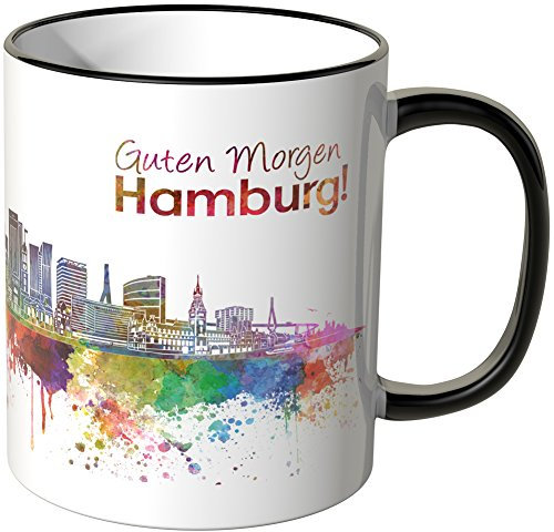 WANDKINGS® Tasse, Schriftzug Guten Morgen Hamburg! mit Skyline - SCHWARZ