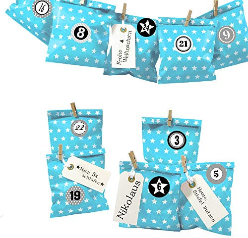 Frau WUNDERVoll® DIY Adventskalender zum Befüllen Bescherung: Set Stern 116, Papiertueten flach 13x16,5cm, beachblau Stern, Ziffern grau