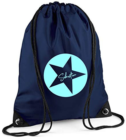minimutz Turnbeutel mit Namen und Stern | Personalisieren & Bedrucken | Sportbeutel Schuhbeutel für Jungen & Mädchen | Kinder Rucksack zum Zuziehen in blau