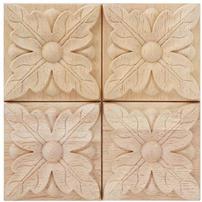 Wifehelper 4 Stücke Carving Checkered Applique Unlackiert Aufkleber für Möbel Dekoration Natürliche Holzapplikationen Platz Blume Carving Decals Dekorative Holz Handwerk 6x6 cm (1#)