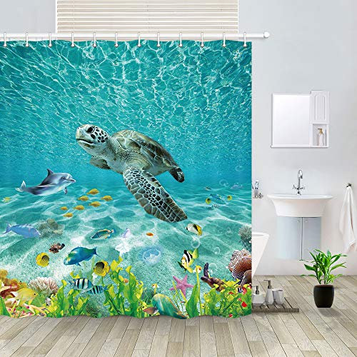 Rideau de douche motif animaux de l'océan, turquoise, océan, nuage de sable avec tortue, dauphin, poisson, algues, créatures marines, rideau de salle de bain, 12 crochets, 177,8 x 177,8 cm