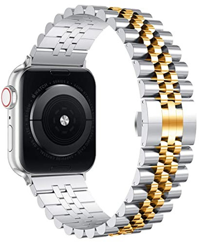 Wolait Compatible with Apple Watch Ultra 2 Band 49mm 46mm 45mm 44mm 42mm,Stainless Steel Heavy Band with Butterfly Folding Clasp Link Bracelet for iWatch Ultra Series 10/9/ 8/7/6Men,Silver/Gold
