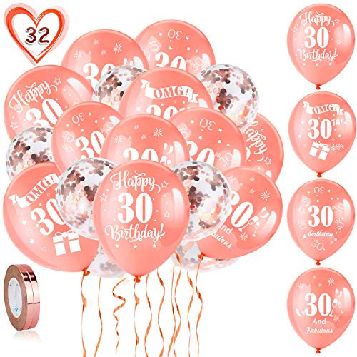 HOWAF 30 Anni Oro Rosa Compleanno Decorazioni per Donna, Oro Rosa Palloncini di Compleanno 30 Anni Compleanno Palloncini in Lattice coriandoli per Decorazioni Feste Compleanno
