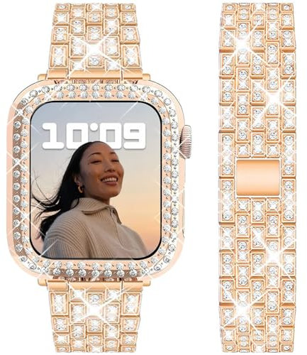 DEALELE Bands and Case Compatible with Apple Watch Series 9/8 / 7 (45mm), Bling Rhinestone Diamond Metal Strap with Protective Case Cover Replacement for iWatch 45mm Women Men (Rose gold)
