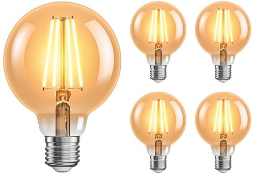 ledscom.de 5 ampoules LED E27, G95, blanc extra chaud (2500 K), 7,3 W, 818lm, variateur à 3 niveaux, doré