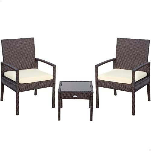 AKTIVE 61068 - Set muebles para jardín y terraza ratán, Muebles terraza exterior, incluye 2 sillones jardín exterior con cojín acolchado y 1 mesa terraza exterior, Conjunto jardín exterior, Oscuro