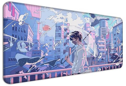 JIANG100 Niedliches Kawaii Anime Mauspad, Japanische Fantasy City Boy Mousepad für Gaming Büro und Zuhause, Große erweiterte rutschfeste Gummiunterseite mit genähten Kanten, Lila