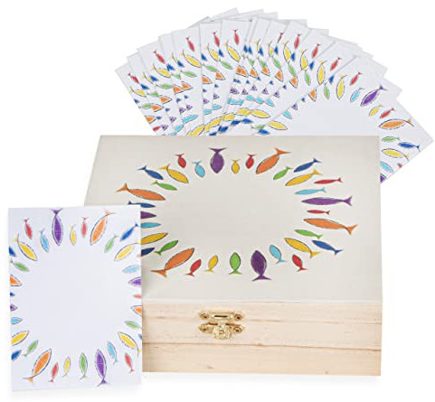 Logbuch-Verlag Kommunion Taufe Erinnerungsbox Bunte Fische 18,5 Gästebuch Holzbox mit 25 Karten zum Beschriften