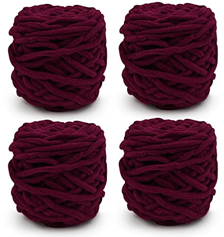 Strickwolle 4 x 100 g, mehrfarbiges Strickgarn zum Häkeln, weiches, klobiges Garn für Garnprojekte, Plüschbälle, handgefertigte Taschen, Pullover Schuhe Mützen Pullover Decken Schals (Dark red)