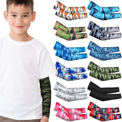 Xuhal 12 Pairs Kids Arm Sleeves Youth Compression Arm Sleeves Sun Protection Sports Protector for Basketball Football(Camouflage Style,4-7 Years)