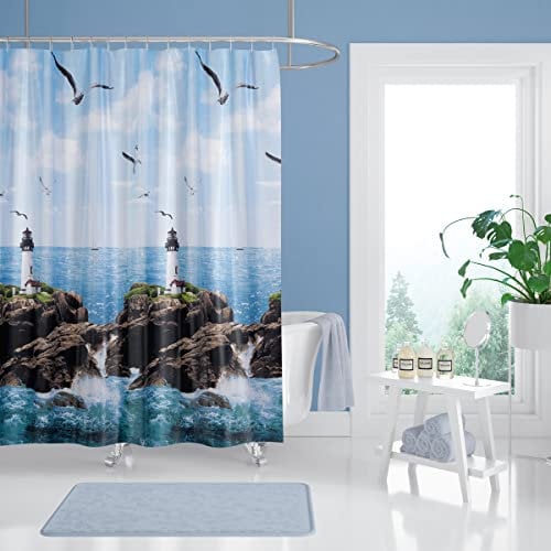 andija Wasserdicht Duschvorhang, 180x200cm Anti-Schimmel Antibakteriell Bad Vorhang, Waschbar Stoff Badezimmer Vorhang, Polyester Badewanne Vorhang mit 12 Duschvorhängeringen (Lighthouse)