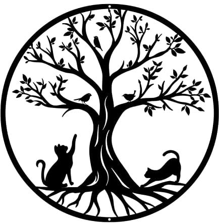 Pduoduo Black Metal Tree of Life Wall Decor Silhouette Art(with cat and bird) for Gift Present Indoor Outdoor Garden Home Decoration (11.8in)