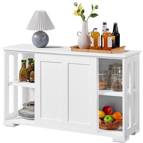 Yaheetech Buffet de Salle à Manger avec 2 Portes Coulissantes Commode Basse de Cuisine en Bois Étagère Réglable en Hauteur Cuisine Salon Salle à Manger Blanc Pur
