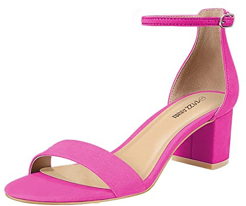 PIZZ ANNU Sandali Donna con Tacco a Blocco Sandalo Estive con Cinturino Caviglia Largo Aperta Sandals Scarpe per Feste Matrimoni Casual Scamosciato Rosa Fucsia 36, XZ0070
