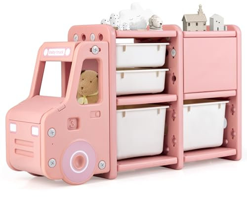 GOPLUS Kinderregal in Autoform, Multifunktionales Spielzeugregal mit 4 Boxen & 1 Schrank, Aufbewahrungsregal aus HDPE mit Großem Stauraum, Spielzeug-Organizer für Kinderzimmer & Schlafzimmer (Rosa)