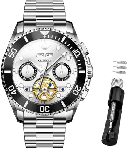 OUPINKE Herren-Automatikuhr, Skelett, mechanisch, selbstaufziehend, luxuriös, Chronograph, Kalender, leuchtende Uhr für Herren, 50 m wasserdicht, Saphirglas, 3229 Silberarmband, weißes Zifferblatt,