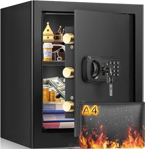 48L Coffre Ffort Anti Feu avec Porte-Documents Ignifuge A4, Grand Coffre-fort avec Verrou Électronique et Étagère Amovible, Coffre à Serrure à Combinaison Pour l'argent, l'ordinateur Portable, Papiers