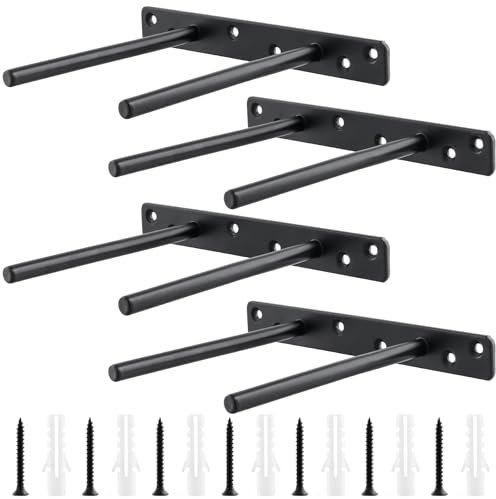 CHUENHEI Lot de 4 equerre etagere murale fixation invisible, support etagere invisible, 200 mm, Noir, Pour meubles, décoration murale