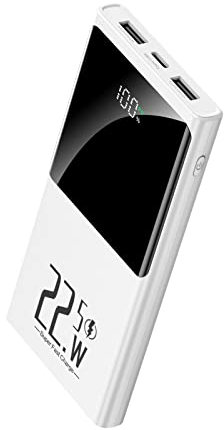 Chargeur portable 10 000 mAh Powerbank 22,5 W Batterie de charge rapide avec entrée et sortie USB-C et grand écran LED Chargeur de téléphone portable fin pour iPhone Google Android (blanc)