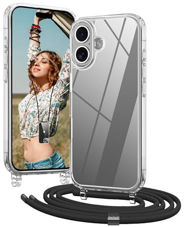 OLEPHY Coque avec Cordon pour iPhone 16 6,1'', Noir | Transparent Coque avec Collier Ajustable et Removable, [Antichoc] [Amovible] Coque avec Tour de Cou,