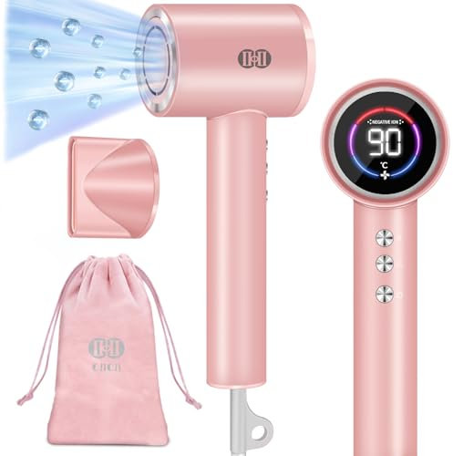 CIICII Ionen Haartrockner, 120000 U/min Föhn (1600W Bürstenloser/ 3 Geschwindigkeiten/ 4 Temperaturen & HD-Anzeige & Tragbare Tasche) Schnelles Trocknen Föhn für Zuhause, auf Reisen & Salon (Rosa)