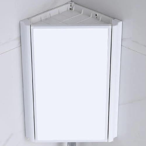SFJATTA Eck-Medizinschrank fürs Badezimmer mit Spiegel, Wandschrank fürs Badezimmer mit Regalen, Eckschrank mit Spiegel, hängende dreieckige Aluminium-Spiegelschränke für kleine Räume(Wit)
