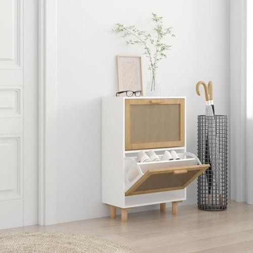 Sufrk Schuhschrank Weiß 52x25x80 cm Holzwerkstoff & Rattan Natur Schuhschrank Landhausstil Schuhschrank Hoch Schmal