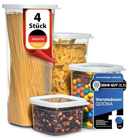 QOONA Luftdichte Vorratsdosen mit Deckel [4er-Set] Hellgrau - Stapelbar & platzsparend für die Küche, Vorratsgläser luftdicht, Mehl Aufbewahrung, Food Container, Vorratsbehälter, Aufbewahrungsbox