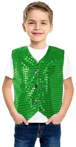 Kinder Pailletten Weste ärmellos V-Ausschnitt, Glitzer Weste Jacke Festlich Party Tanzbekleidung Bühnenauftritt Hip Hop Jazz Street Dance Kleidung Tanzkostüm Performance-Kostüm (Green, 6-7 Years)