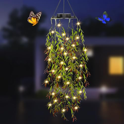 KagoLing Solarlaterne für Außen, 1 Packung Hängende künstliche Pflanzen Weidenblatt 66 LED Lichterkette, IP65 Wasserdicht Künstliche Pflanzen, Ornamente im Freien für Hochzeit Patio Yard Porch