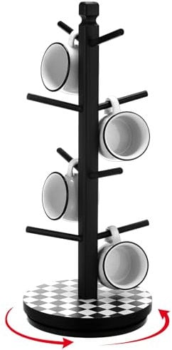DoubleFill Coffee Theme Mug Tree 8 Hooks Mug Holder for Countertop Black Cups Storage Rack Wood Coffee Cup Holder for Christmas Kitchen Coffee Accessories(Checkerboard)