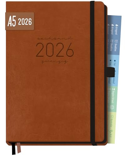 Häfft® Chäff-Timer Deluxe Kalender 2026 A5 mit Kunstleder-Einband Cognac Buchkalender, Terminkalender mit Stiftschlaufe, Gummiband & Einstecktasche - nachhaltig & klimafreundlich