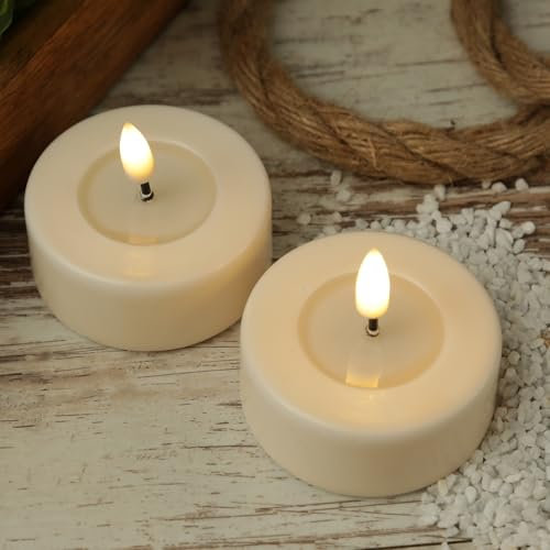 MARELIDA LED Maxi Teelichter Echtwachs Deluxe Homeart realistische 3D Flamme mit Wachsspiegel creme (2 Teelichter groß)