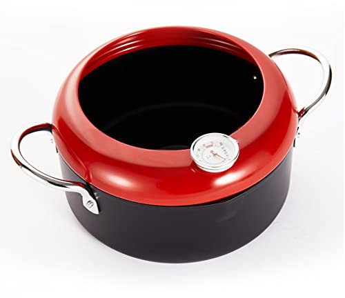 KXQYIKYI Kochtopf, Tempura Friteuse Pfanne 20 cm japanischer Stil Frittiertopf klein mit einem Thermometer zum Kochen von Hühnchen, Französisch -Pommes, Fisch und Garnelen -Schmiedeeisen -Pfanne, rot