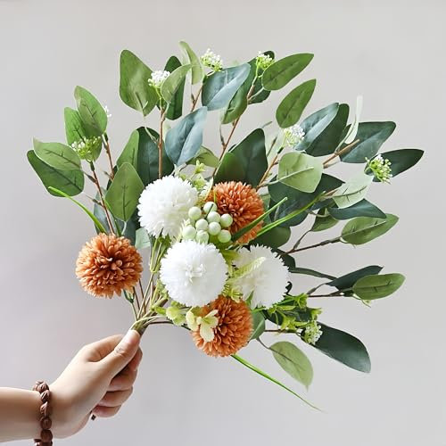 Ximoryn Artificial Flower Bouquet: Faux Hydrangeas with Eucalyptus Leaves (Orange)
