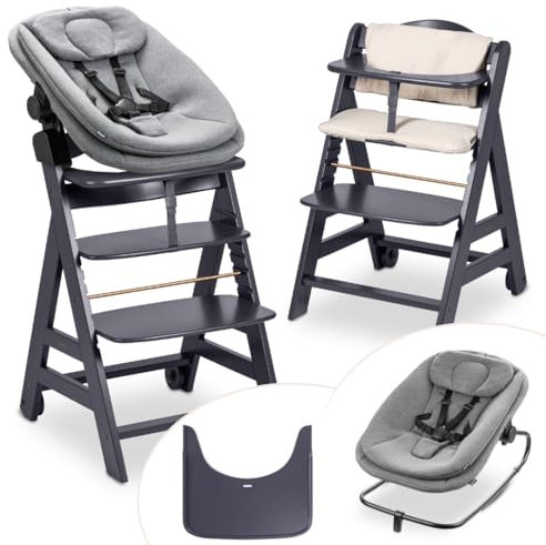 hauck Hochstuhl Beta+ Newborn Set 3in1 Highchair Bouncer - mitwachsender Holz Babyhochstuhl ab Geburt, inkl. Neugeborenenaufsatz, Sitzpolster und Essbrett - Dark Grey