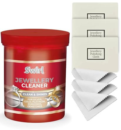 Swirl All-in-One Jewellery Cleaner Kit for Gold, Silver, Platinum & Diamonds – 145ml Dip Solution with 3 Polishing Cloths to Safely Restore Shine
