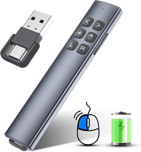 Coque Métallique Telecommande Ordinateur Powerpoint avec Souris Air, USB/Type C 2 en 1 Rechargeable Presentation Cliqueur Zapette Powerpoint Pointeur Slide Présentateur Sans Fil pour Mac PC Laptop