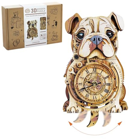 Lilcubics 3D Wooden Puzzles for Adults, Bulldog Mechanical Model Kits, DIY Puzzle Wall Clock Kit, Fun Home Decor Creative Gifts for Men Women, Pendulum Wood Craft, Gifts for Dog Lovers