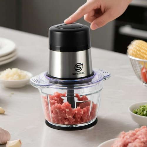SUPERLEX Food Processor 300W Electric Mini Chopper with 1L Glass Bowl 2 Stainless Steel Blades 2 Speed Settings Compact Vegetable Chopper for Nuts Meat Fruits Baby Food Easy to Clean