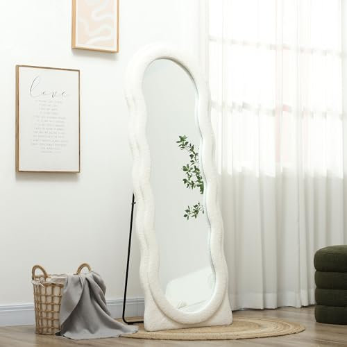 HOMCOM Ganzkörperspiegel 160 x 60 cm Gewölbter Standspiegel mit Wellendesign Bruchsichere Glas Samt-Rahmen Wandspiegel Spiegel Bodenspiegel für Wohnzimmer, Schlafzimmer, Flur, Weiß