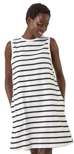 Roman Originals Stripe Jersey A-Line Stretch Dress for Women UK - Ladies Everyday Holiday Spring Summer Round Neckline Comfy Soft Evening Vacation Work Party - Black - Size 10