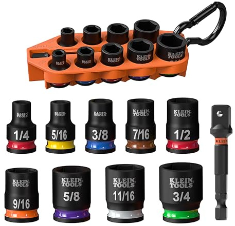 Klein Tools 33809 Grab-And-Go Impact Socket Set, SAE, 10-Piece Set with Sleeve, Carabiner, and 3/8-Inch Drive, Color-Coded 1/4, 5/16, 3/8, 7/16, 1/2, 9/16, 5/8, 11/16, and 3/4-Inch Sockets