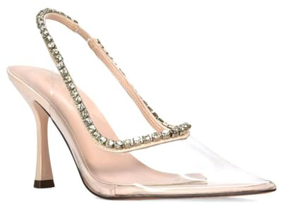 ESSEX GLAM Women's Clear Jewel Court Shoes Ladies Perspex Diamante Point Toe Slingback Party Evening High Heel Size 3-8