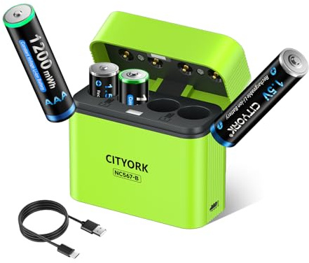 CITYORK 4 piles rechargeables au lithium AAA avec chargeur, batterie au lithium AAA 1,5 V haute capacité (1200 mWh) et boîtier de charge intégré