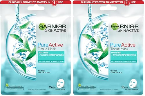 Garnier Pure Active Tea Tree & Salicylic Acid Sheet Mask, Mattfies Skin & Visibly Unclogs Pores In 15 Minutes, Dermatologically Tested (Pack of 2)